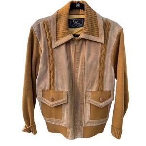 Vintage Landmark Women's Suede‎ Knit Bomber Jacket Size L Tan Brown Retro